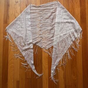 Vintage 60-70s Lace Shawl Wrap Long With Fringe Boho Shabby Chic white cream